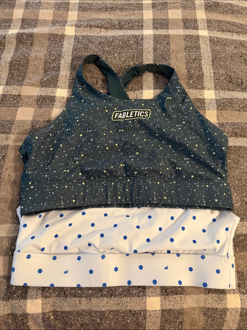 Fabletics Navy Speckle & White Polka Dot Racerback Sports Bra